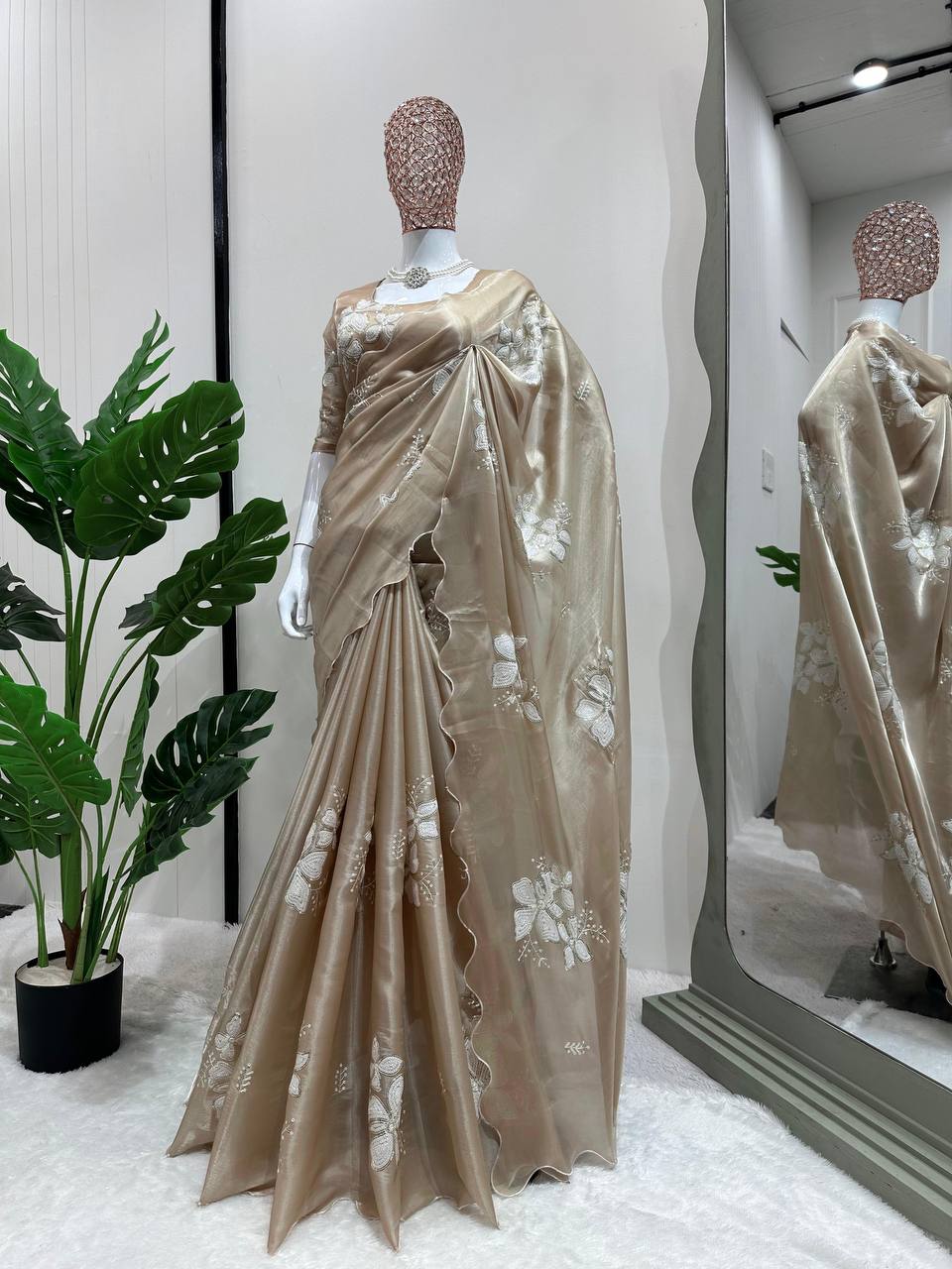 Party Wear Golden Color Jimmy Chu Sequence Work Saree Blouse