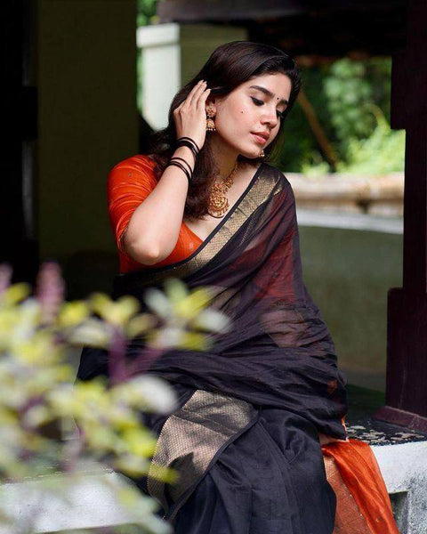 Unique Black Color Linen Weaving Work Saree Blouse