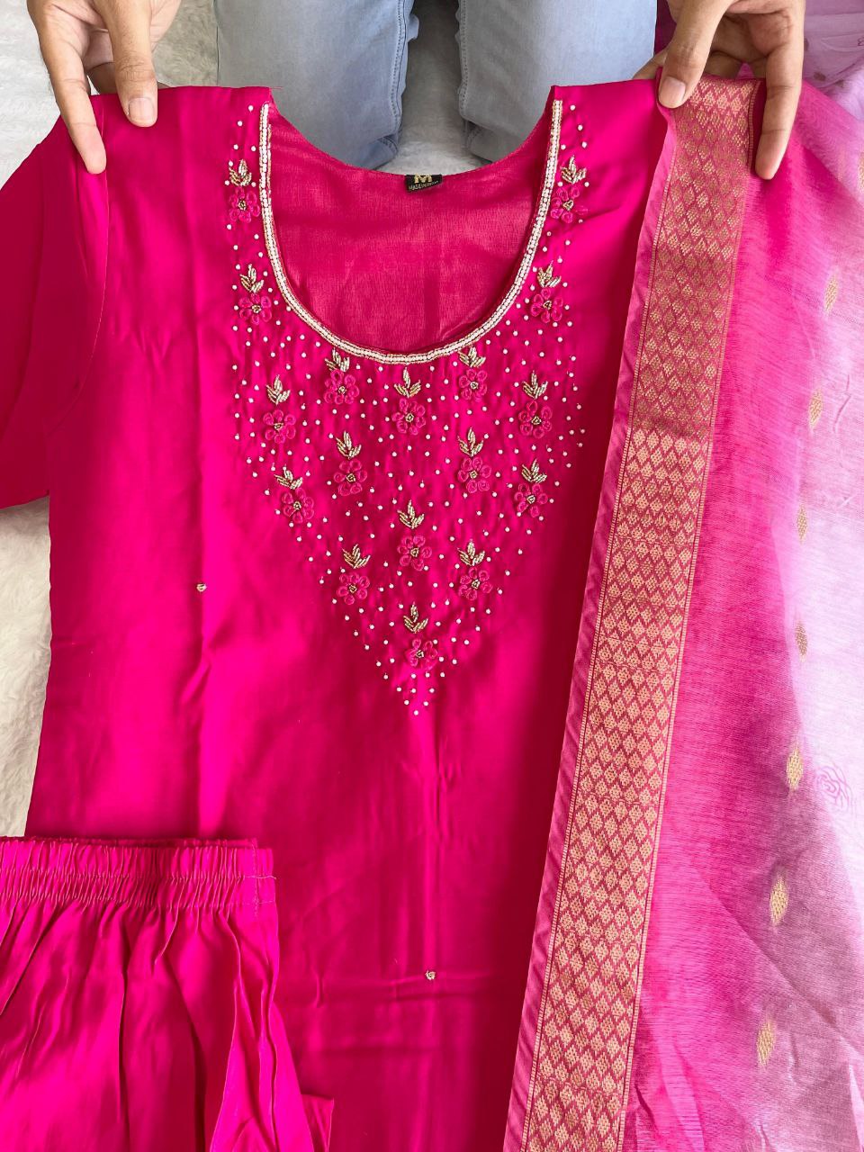 Attractive Pink Color Roman Silk Hand Work Ready Made Salwar Suit