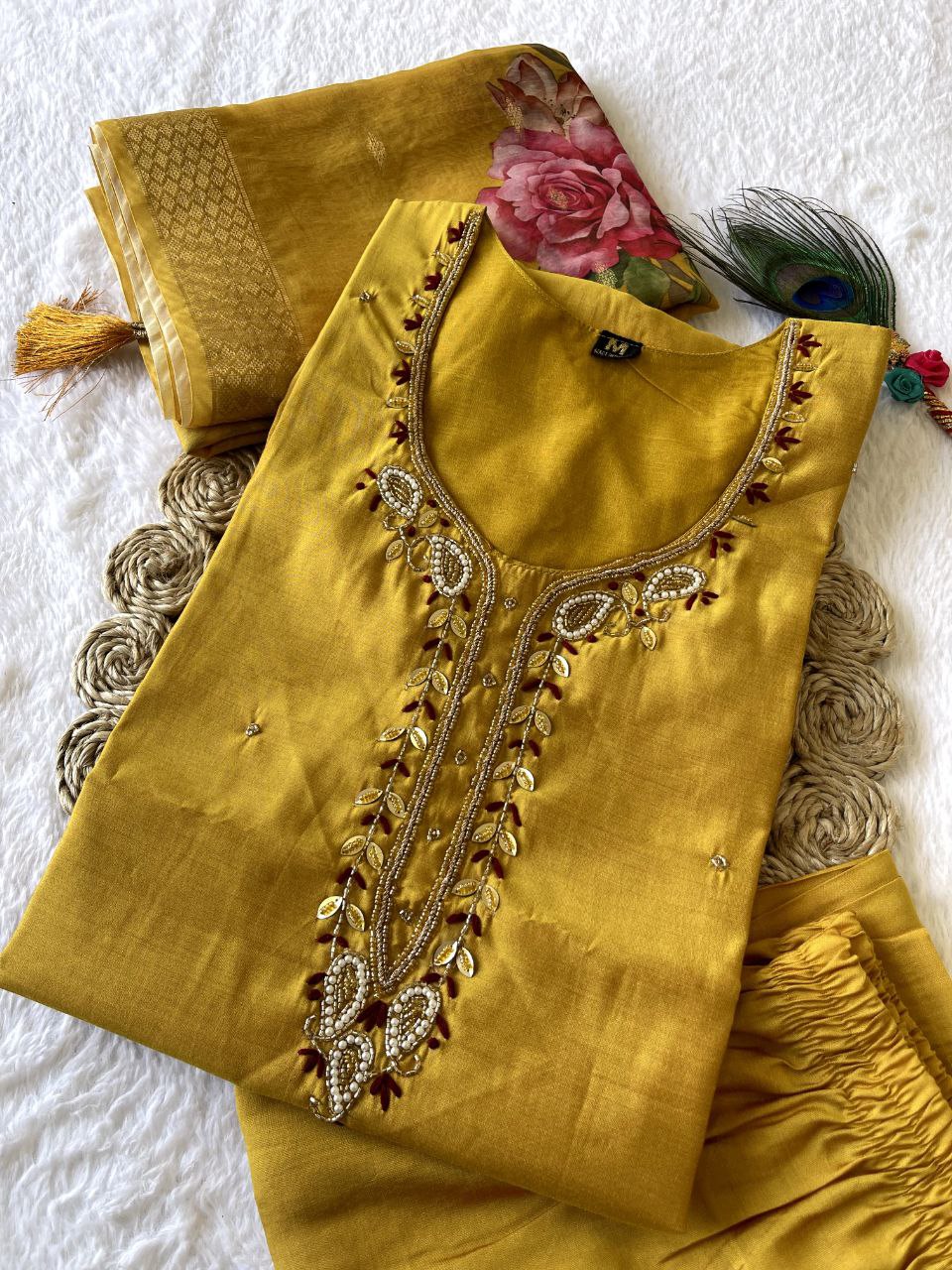 Yellow Color Hand Work Roman Silk Designer Salwar Suit