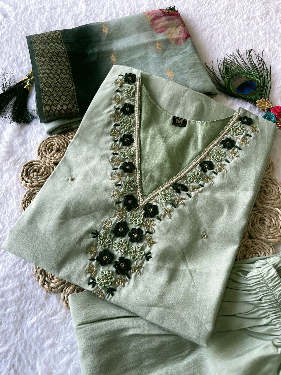Wedding Wear Pista Color Roman Silk Hand Work Salwar Suit