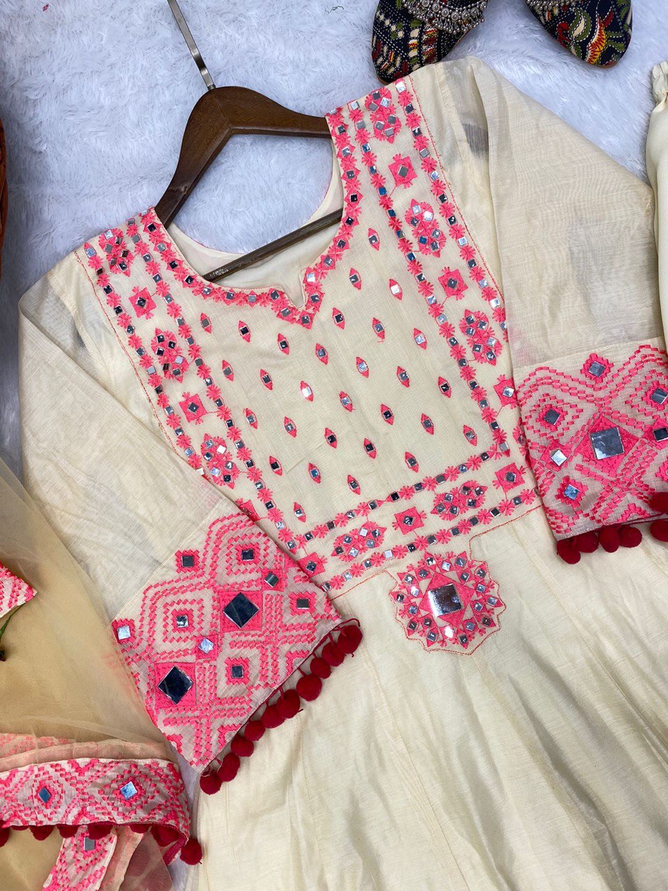 Trending Designer Top Embroidery Real Mirror Work With Dupatta And Dhoti