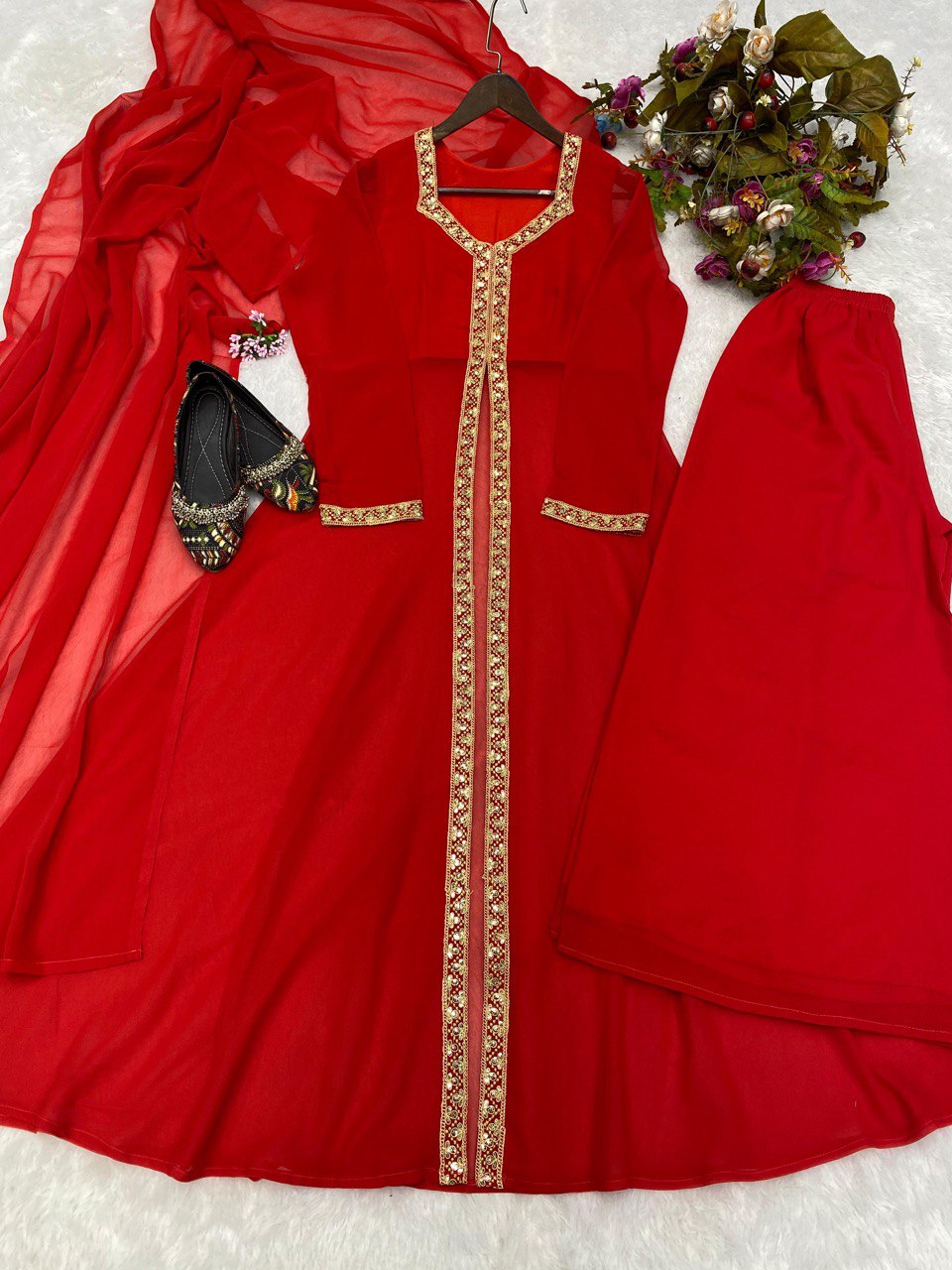 Beautiful Georgette Cording Sequence Work Kurti And Palazzo With Dupatta