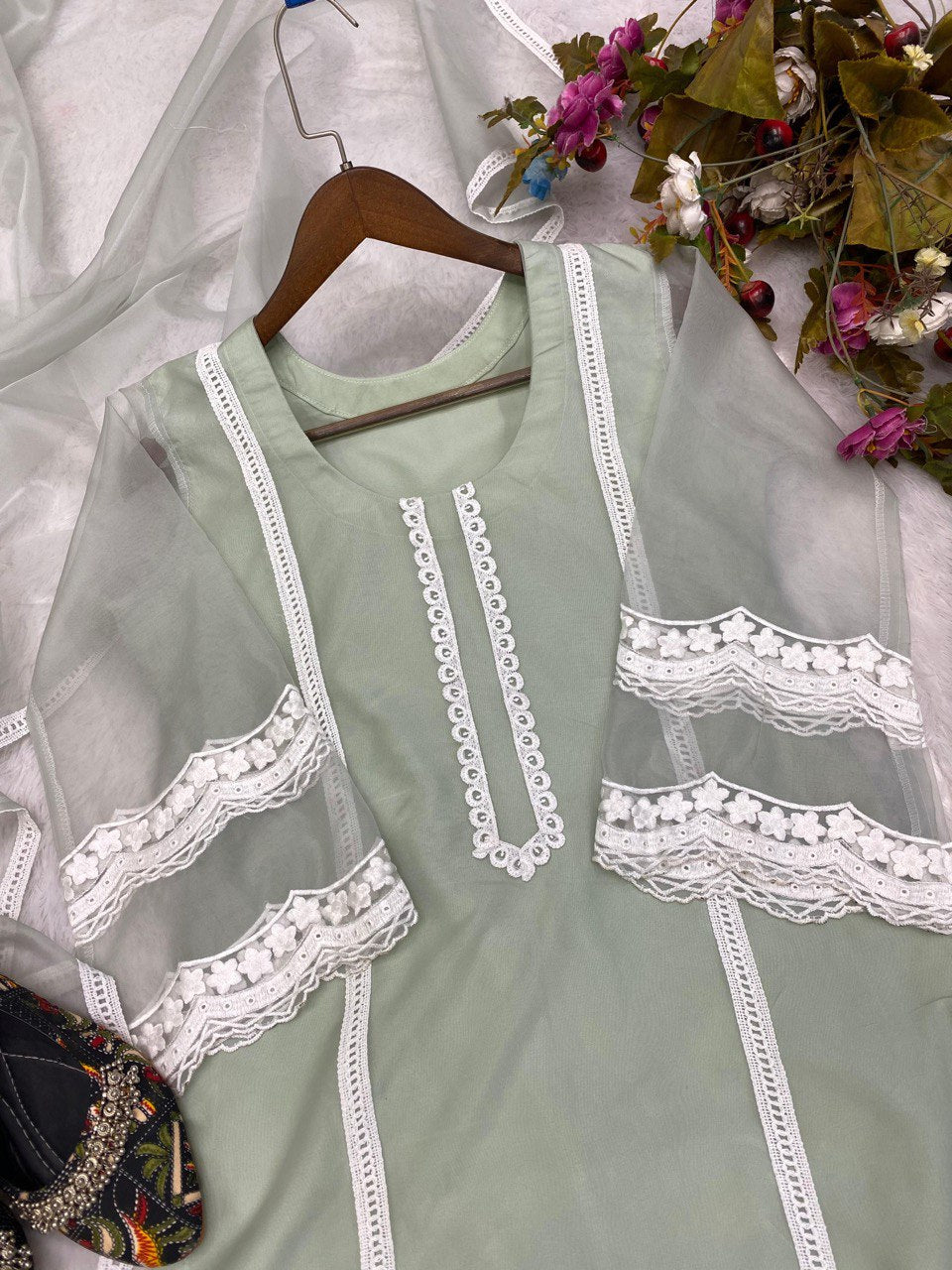 Attractive Designer Organza With Cotton Thread Embroidery Work Top - Bottom And Dupatta