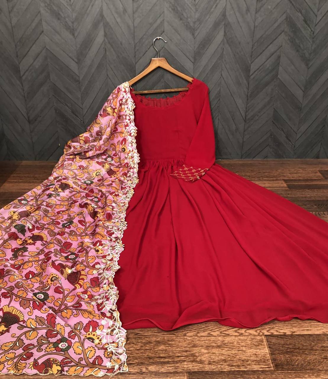 Georgette Plain Anarkali Suit In Red Color With Dupatta