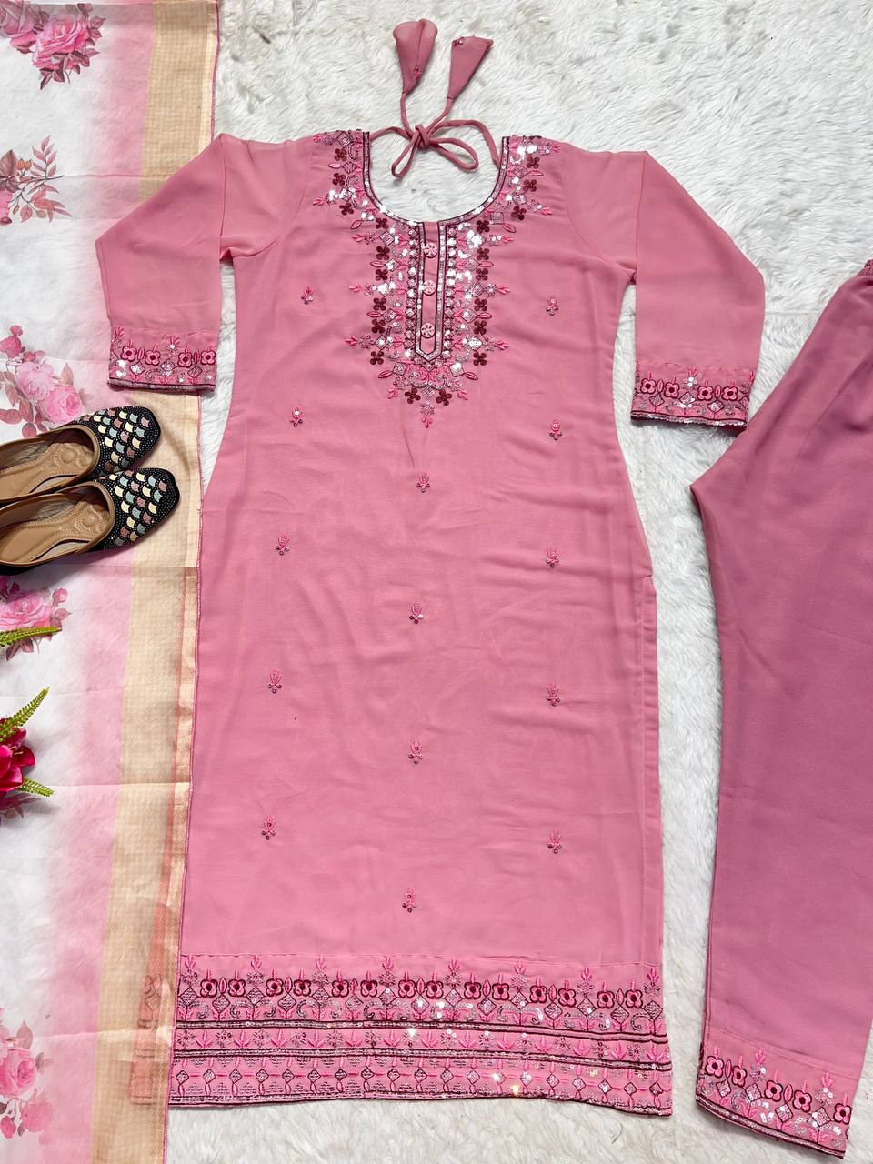 Pleasant Pink Color Georgette MUlti Sequene Work Ready Made Plazo Salwar Suit
