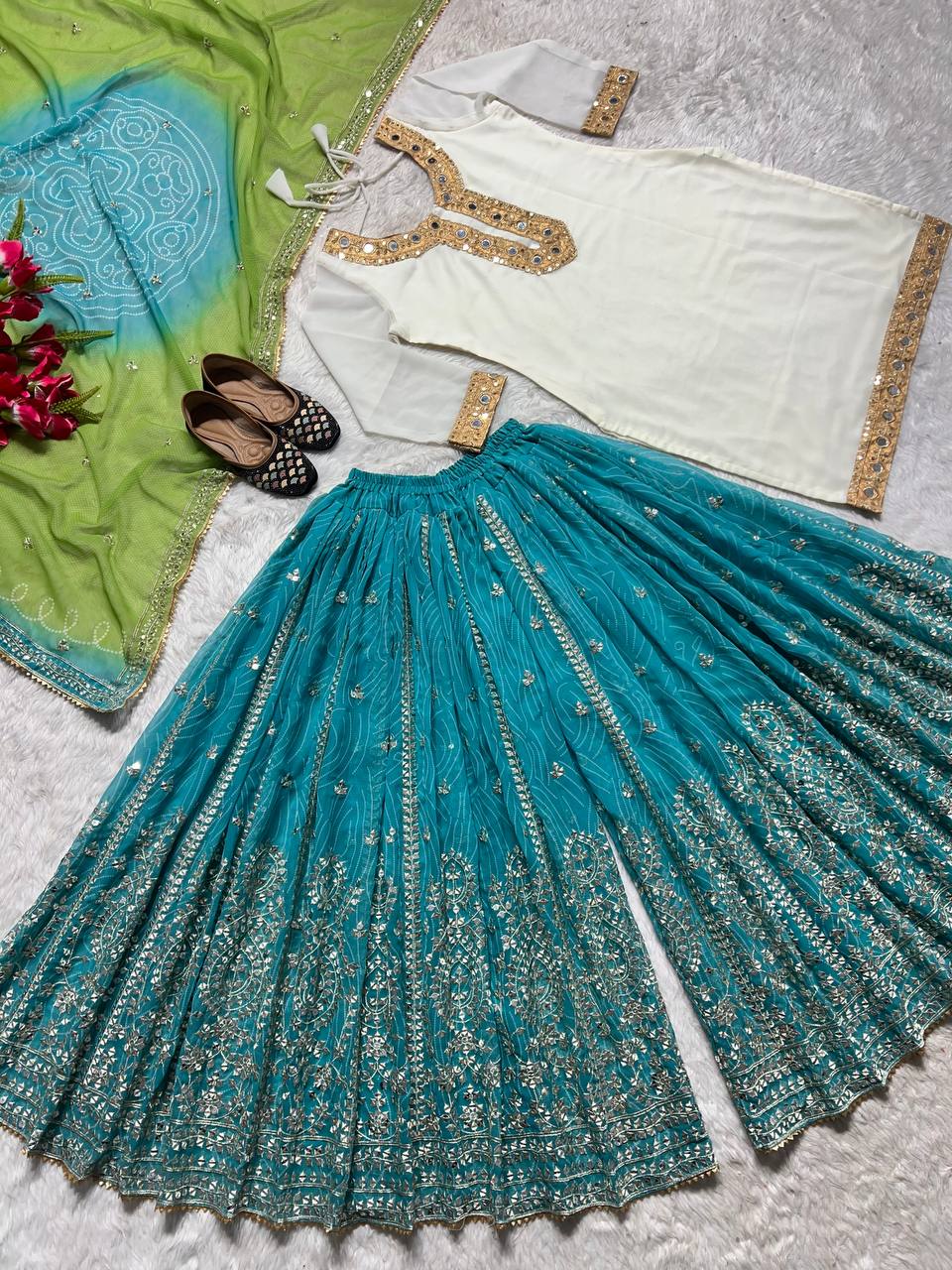 Wedding Wear White Color Georgette Sequence Sharara Suit