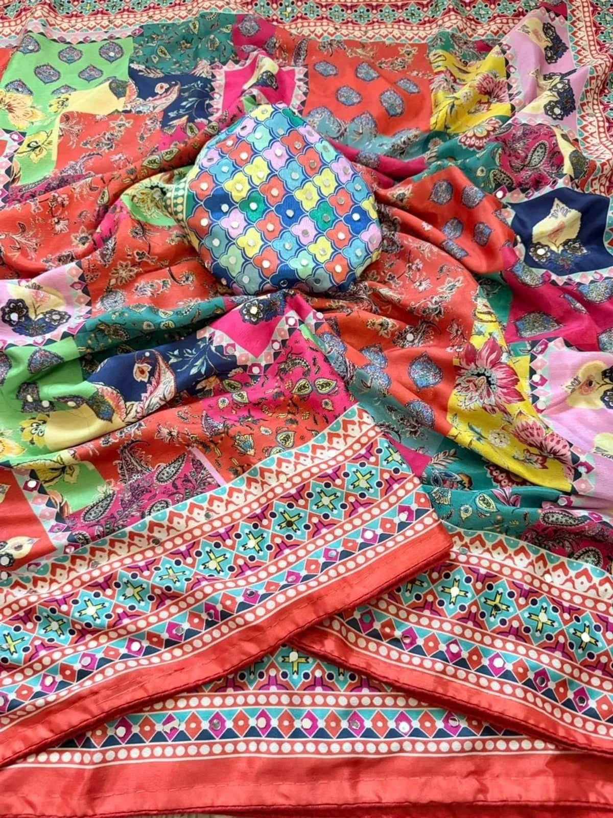Multi Color Designer Patchwork Print Saree with Fancy Border