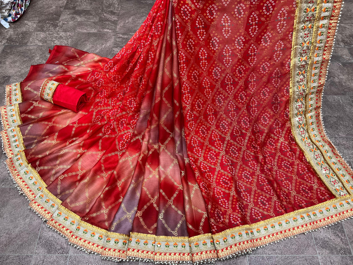 Latest Bandhej Print Saree with Blouse