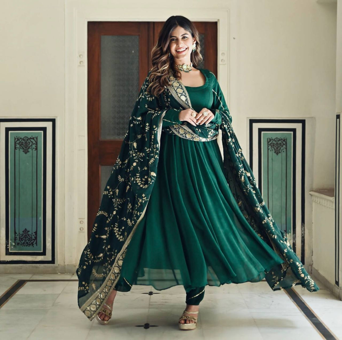 Green Long Anarkali Gown with Bottom and Embroidered Dupatta