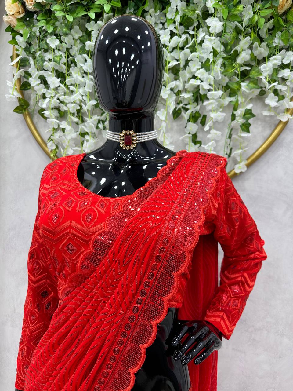 Novelty Red Color Ultra Satin Sequence Embroidered Work Lehenga Saree