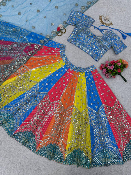 Wedding Wear Multi Color Mono Phantom Zari Sequence Work Lehenga Choli