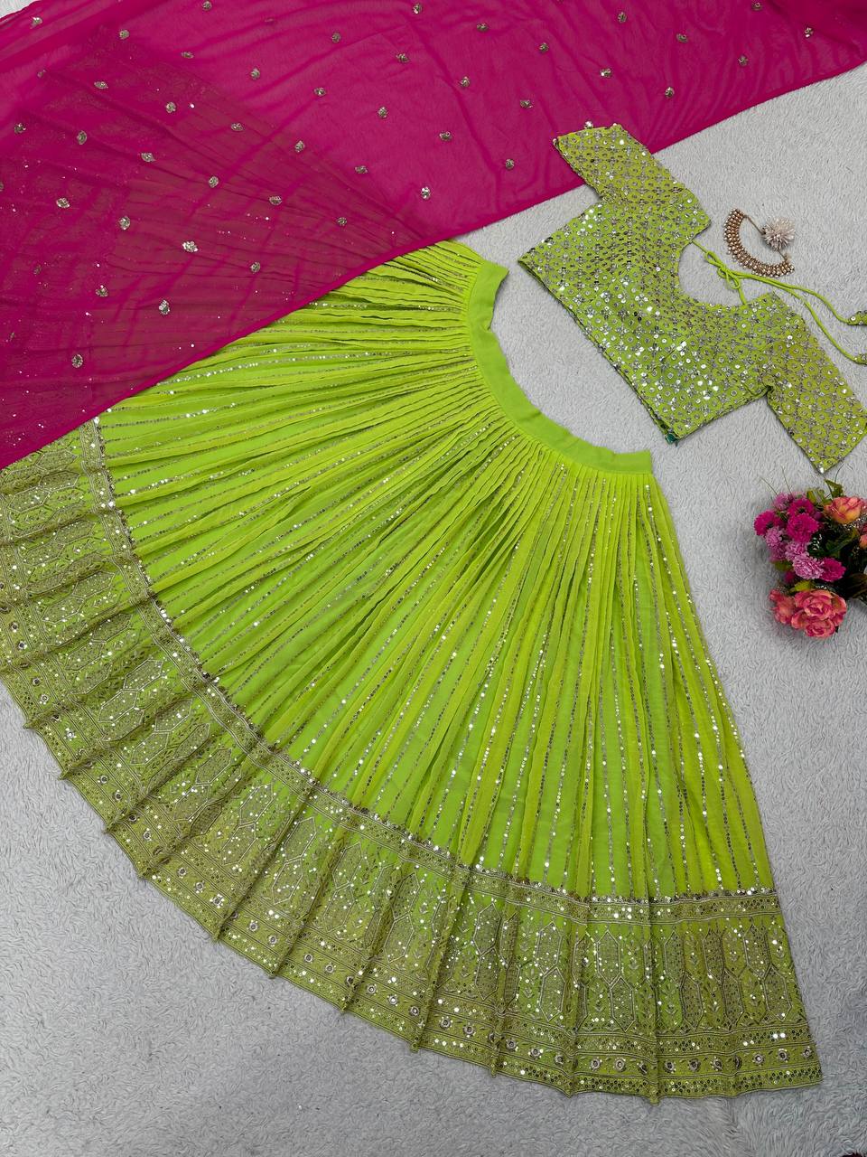 Best Quality Green Color Sequence Work Georgette Lehenga Choli
