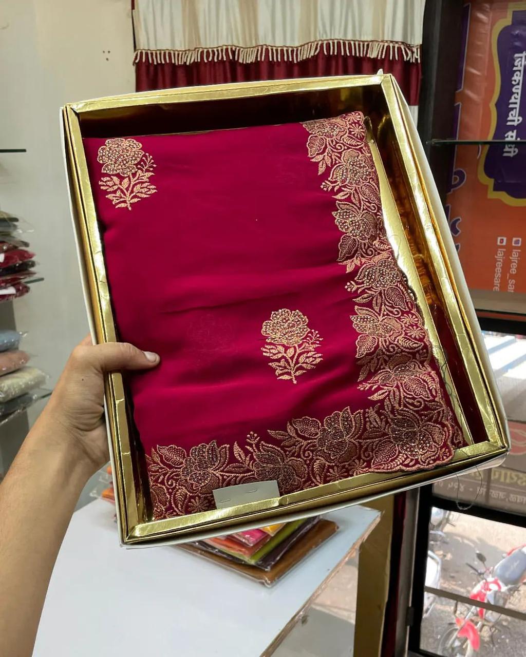 Lovely Georgette Embroidered Diamond Work Wedding Wear Saree Blouse