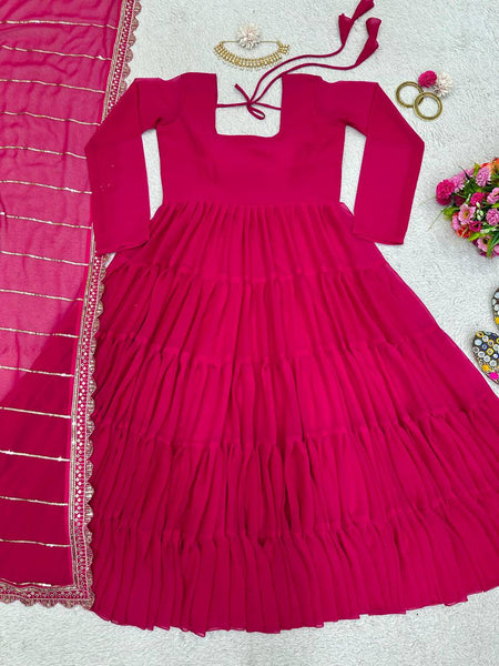 Pretty Magenta Color Georgette Ruffle Work Gown Dupatta
