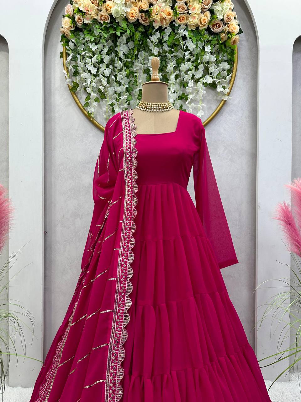 Pretty Magenta Color Georgette Ruffle Work Gown Dupatta