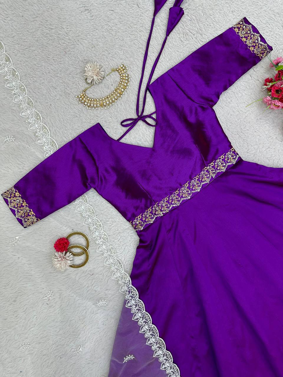 Unique Violet Color Thread Work Phantom Silk Ready Made Gown Dupatta