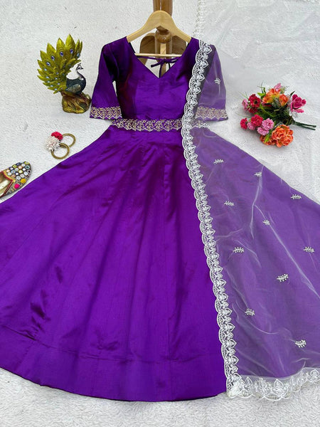 Unique Violet Color Thread Work Phantom Silk Ready Made Gown Dupatta