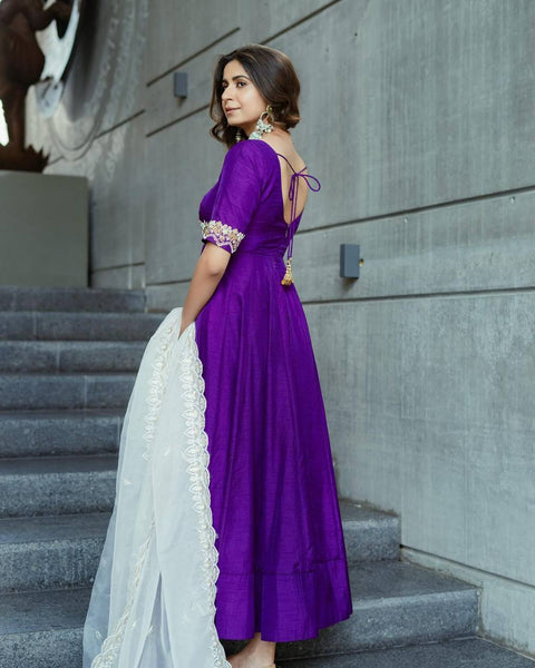 Unique Violet Color Thread Work Phantom Silk Ready Made Gown Dupatta