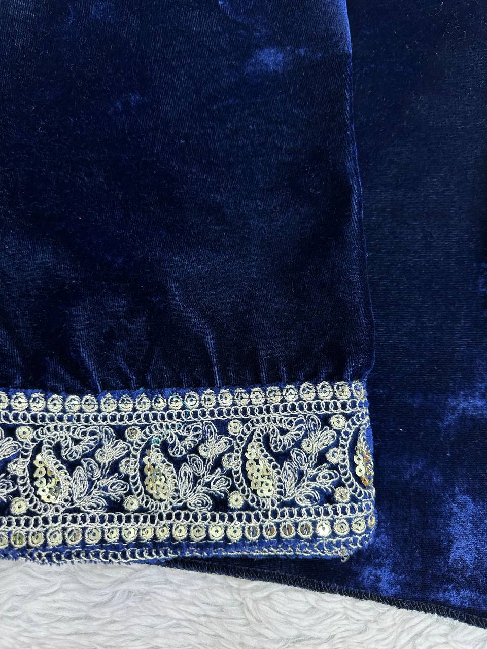 Latest Blue Color Velvet Sequence Work Ready Made Salwar Suit
