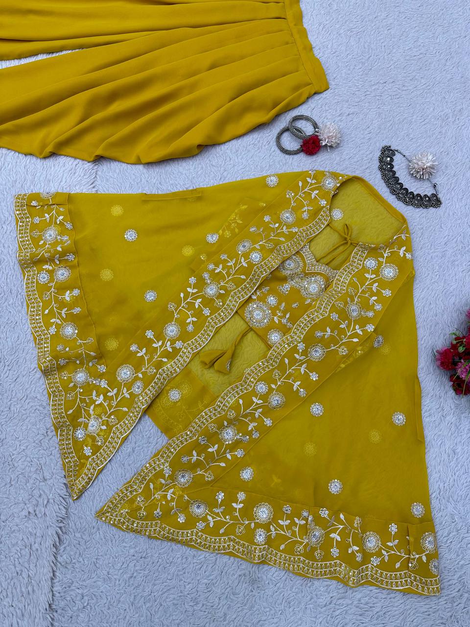 Mustard Color Wedding Wear Sequence Work Georgette Indo Western Suit