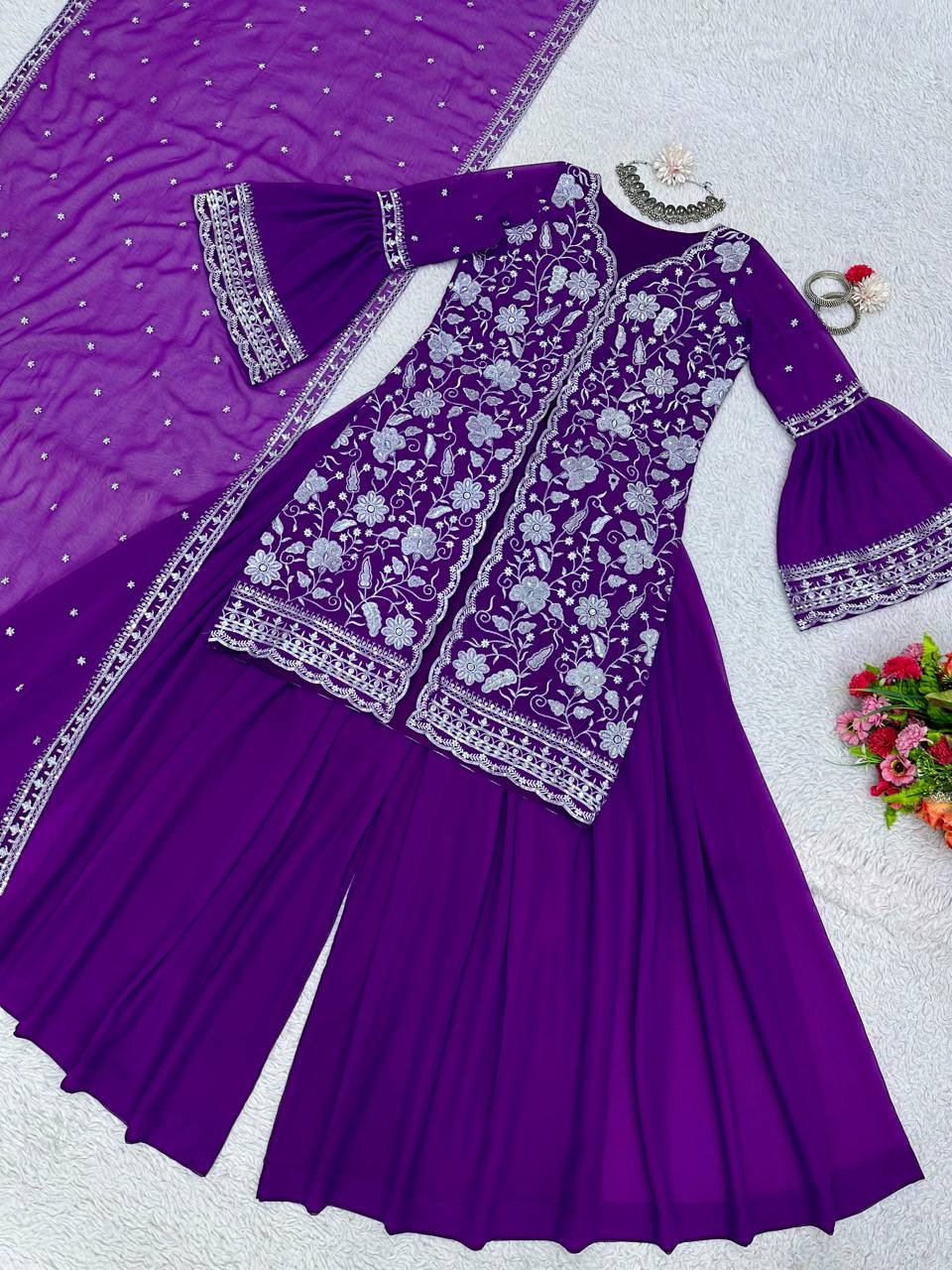 Violet Color Ready Made Party Wear Georgette Sequence Thread Work Salwar Suit