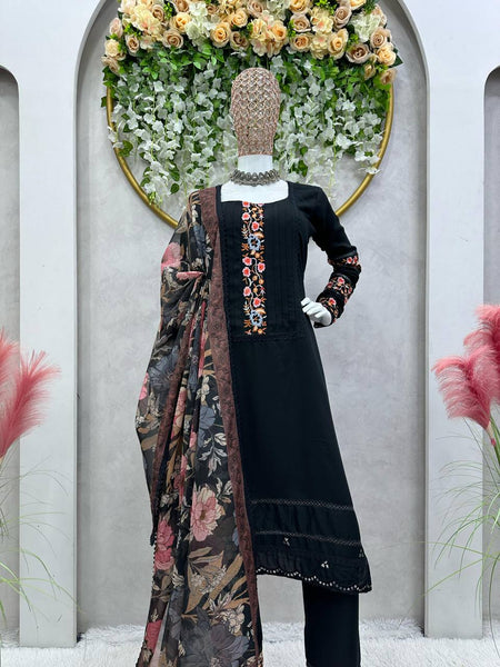 Graceful Black Color Maslin Sequence Thread Work Ready Made Salwar Suit