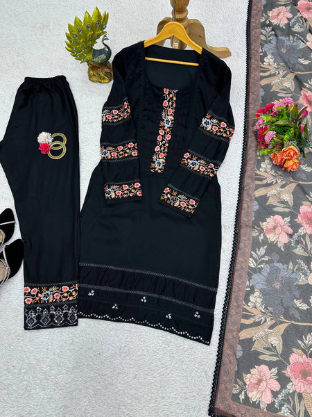 Graceful Black Color Maslin Sequence Thread Work Ready Made Salwar Suit