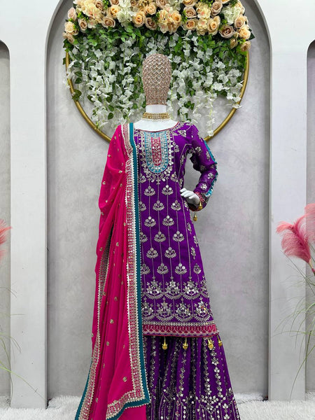 Wedding Wear Purple Color Thread Sequence Work Georgette Sharara Suit