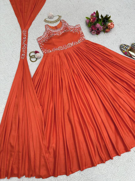 Party Wear Orange Color Maslin Sequence Thread Work Gown Dupatta