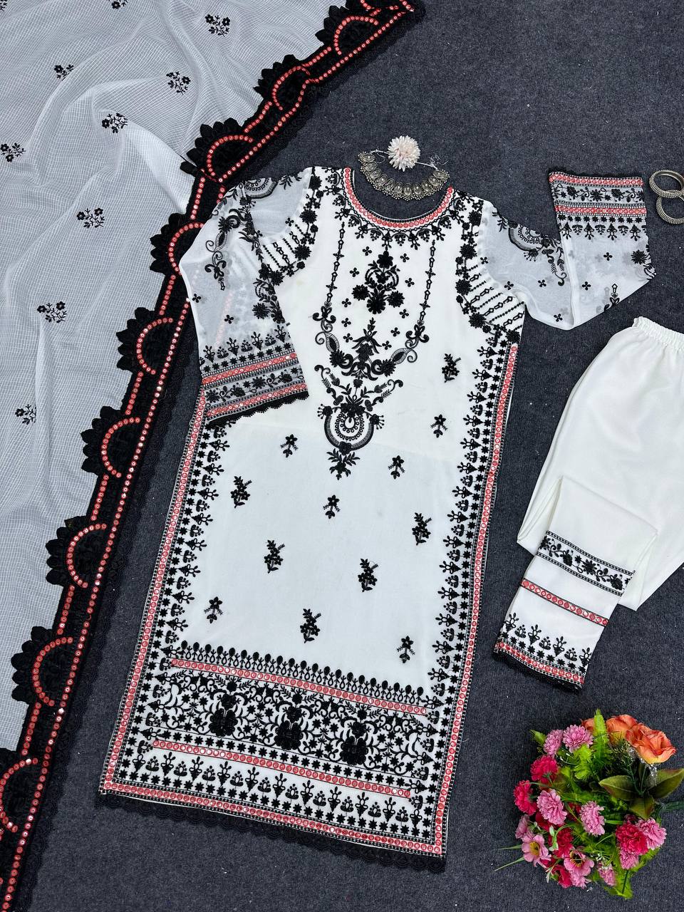 Beautiful White Color Georgette Sequence Thread Work Salwar Suit