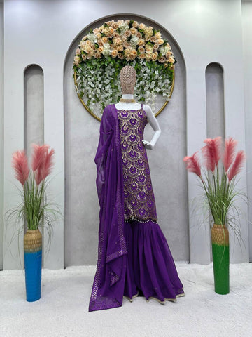 Violet Color Designer Georgette Sequence Ready Made Sharara Suit