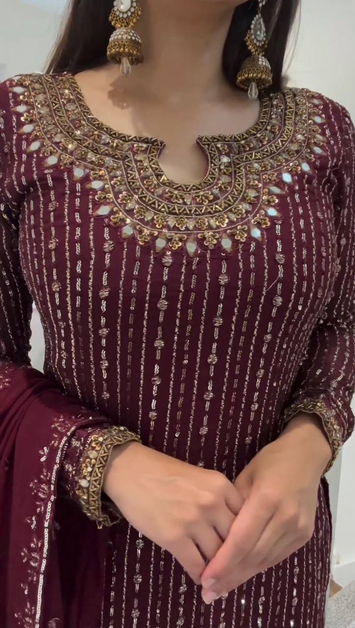 Graceful Wine Color Georgette MIrror Sequence Work Ready Made Salwar Suit