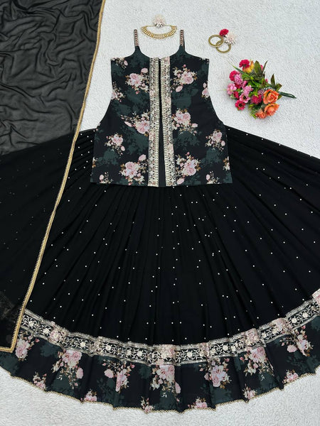 Party Wear Georgette Sequence Thread Work Indo Western Lehenga Suit