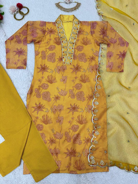 Stunning Mustard Color Ready Made Oranza Sequence Thread Work Salwar Suit
