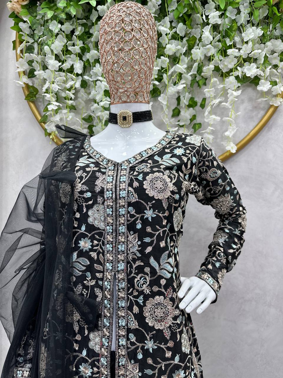 Black Color Chinon Silk Sequence Work Ready Made Sharara Suit For Women