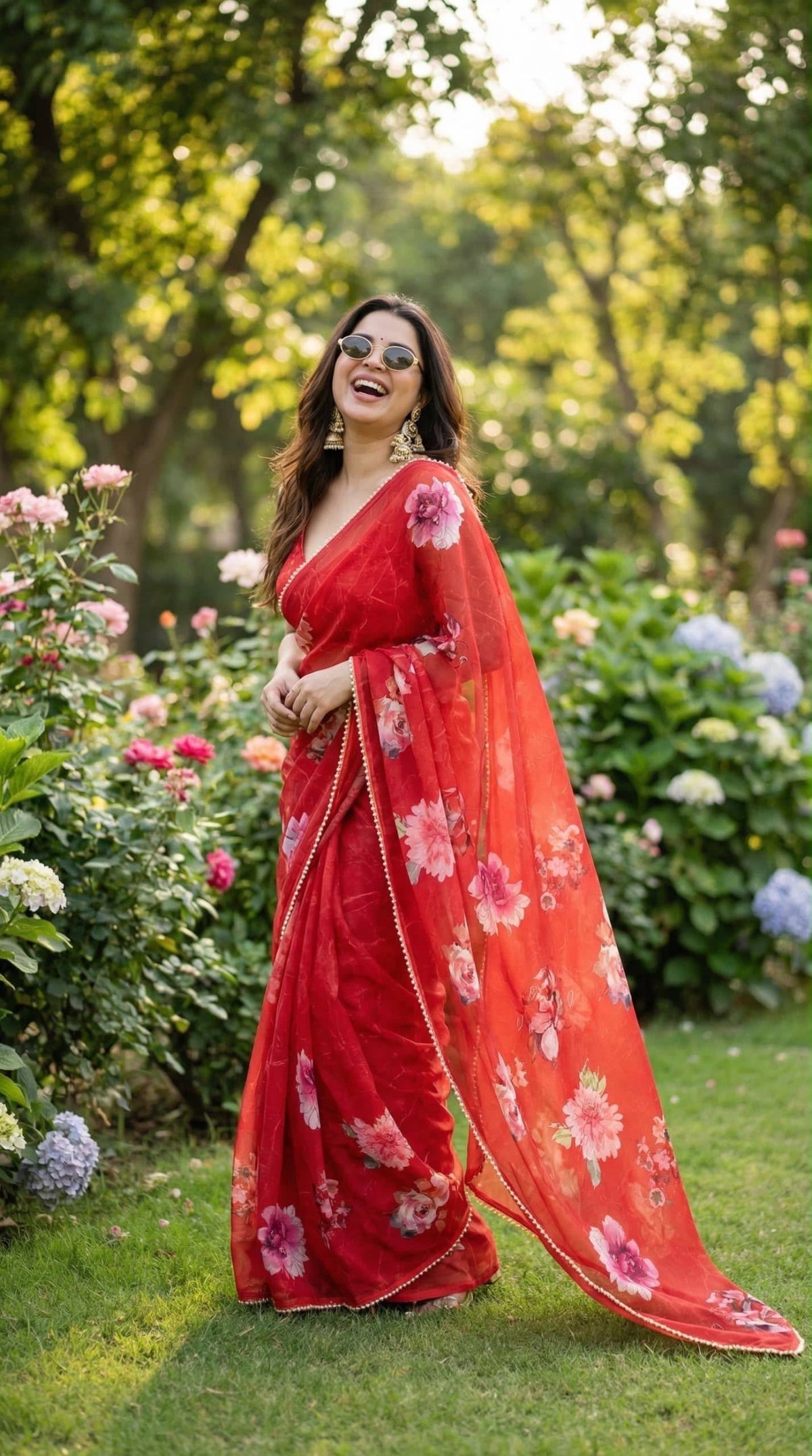 Red floral digital print soft georgette saree with pearl lace border