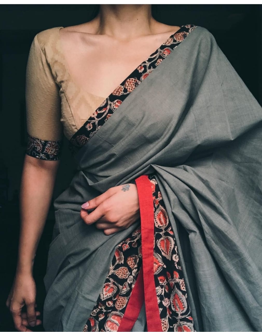 Grey Color Printed Cotton Linen Saree Blouse