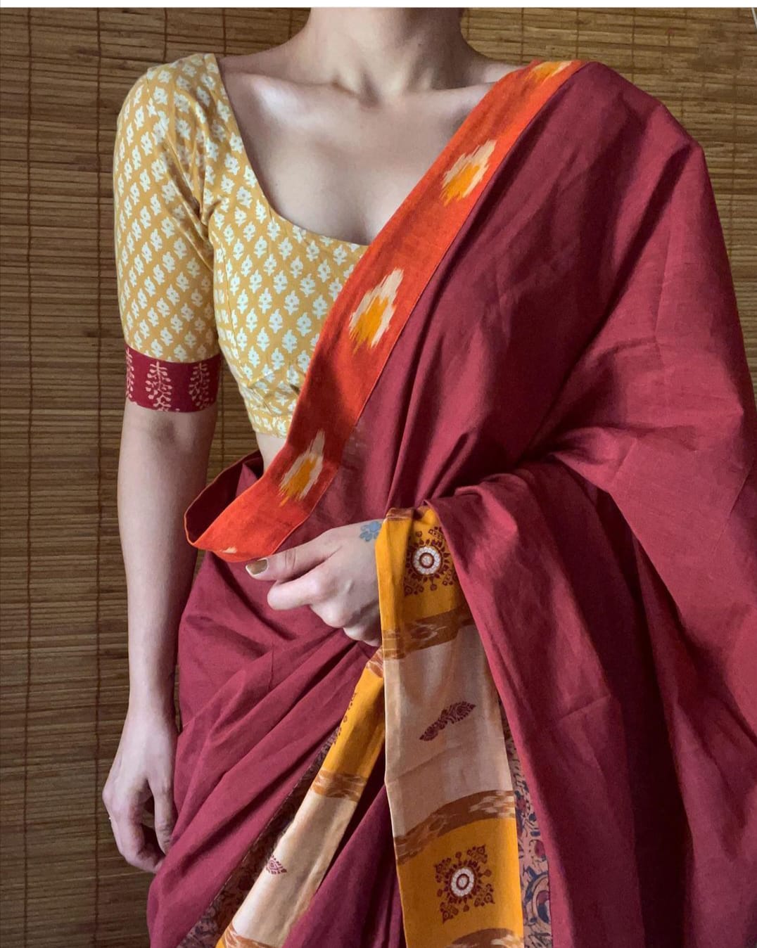 Maroon Color Cotton Linen Printed Saree Blouse