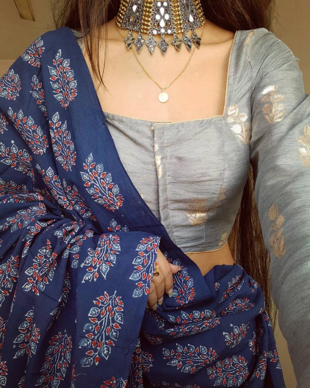Blue Color Cotton Linen Printed Saree Blouse