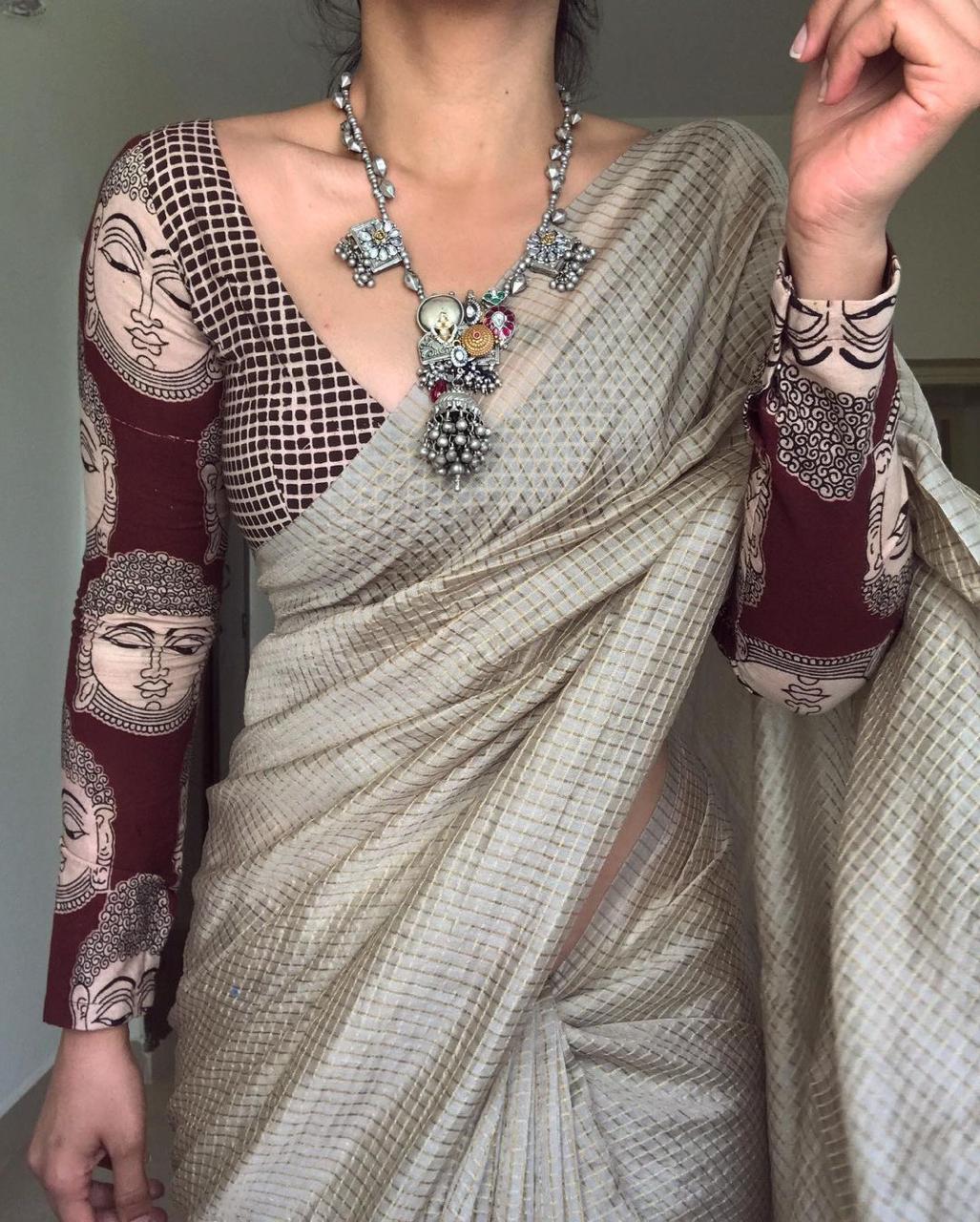 Silver Grey Color Linen Cotton Saree Blouse