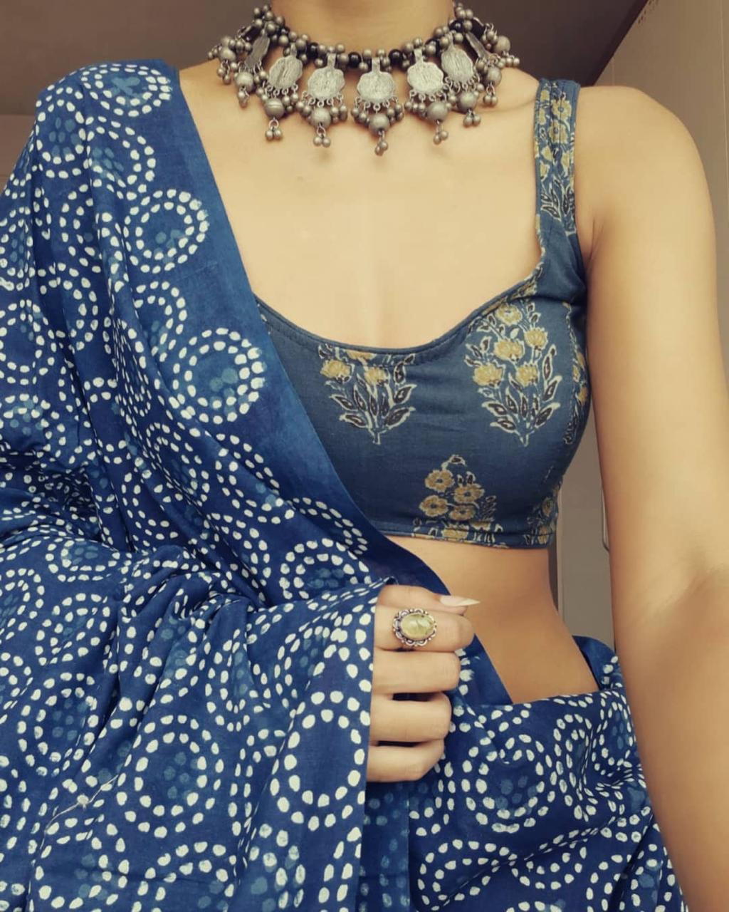 Blue Color Cotton Linen Printed Saree Blouse