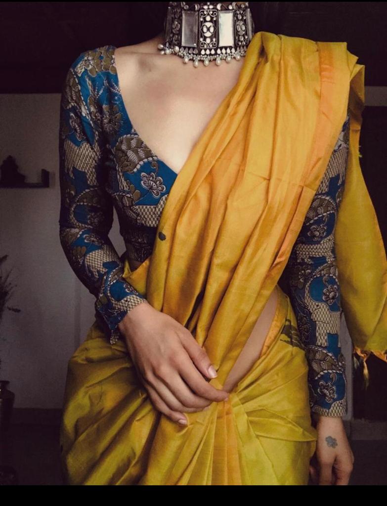 Mustard Color Printed Cotton Linen Saree Blouse