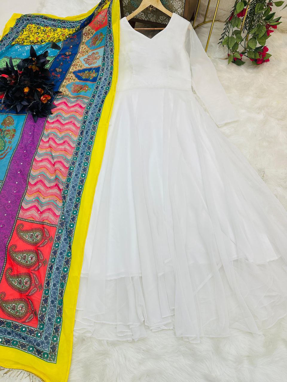 Graceful White Color Ready Made Georgette Gown Dupatta