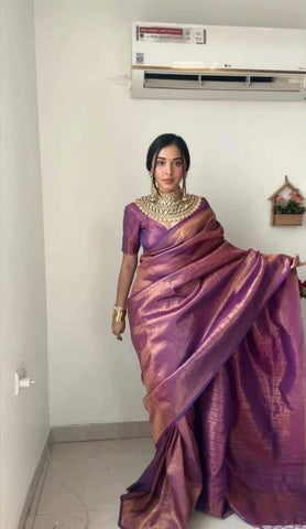 Elegant Purple Color Cotton Silk Weaving Work Wedding Wear Saree Blouse