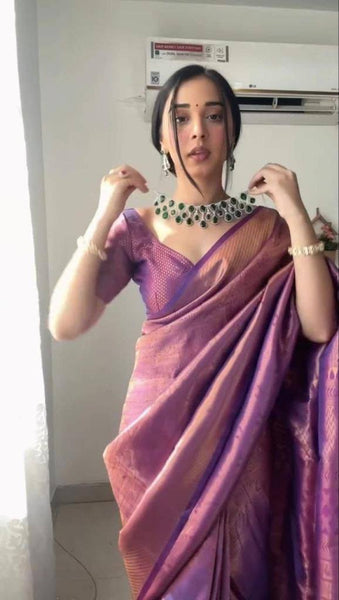 Elegant Purple Color Cotton Silk Weaving Work Wedding Wear Saree Blouse