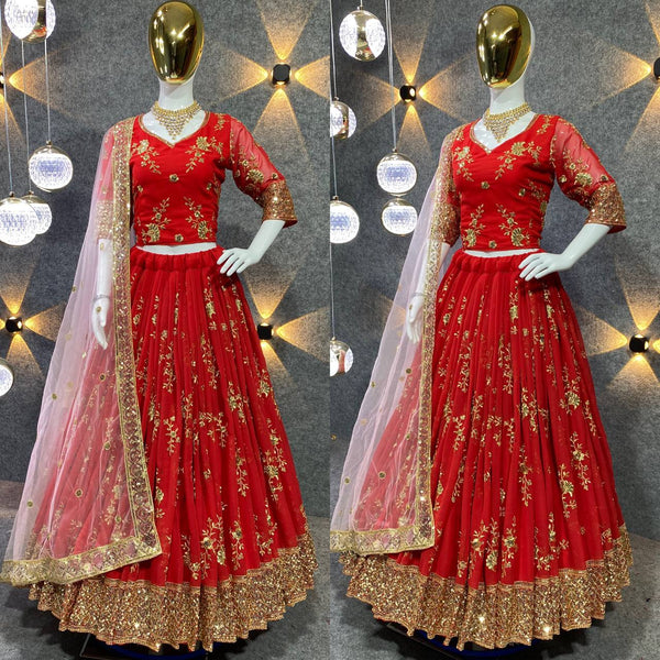 Unique Red Color Sequence Embroidered Work Georgette Lehenga Choli