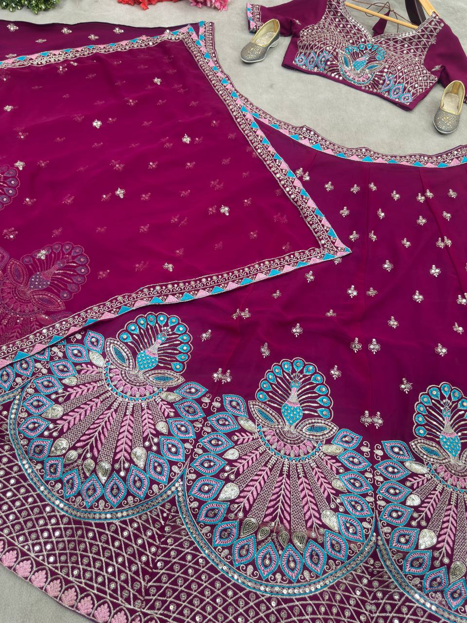 Wedding Wear Wine Georgette Sequence Lehenga Choli
