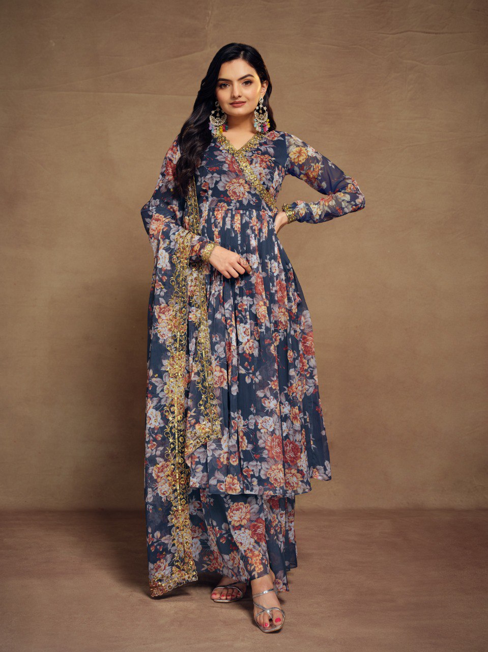 Blue Color Embroidered Chiffon Plazo Suit