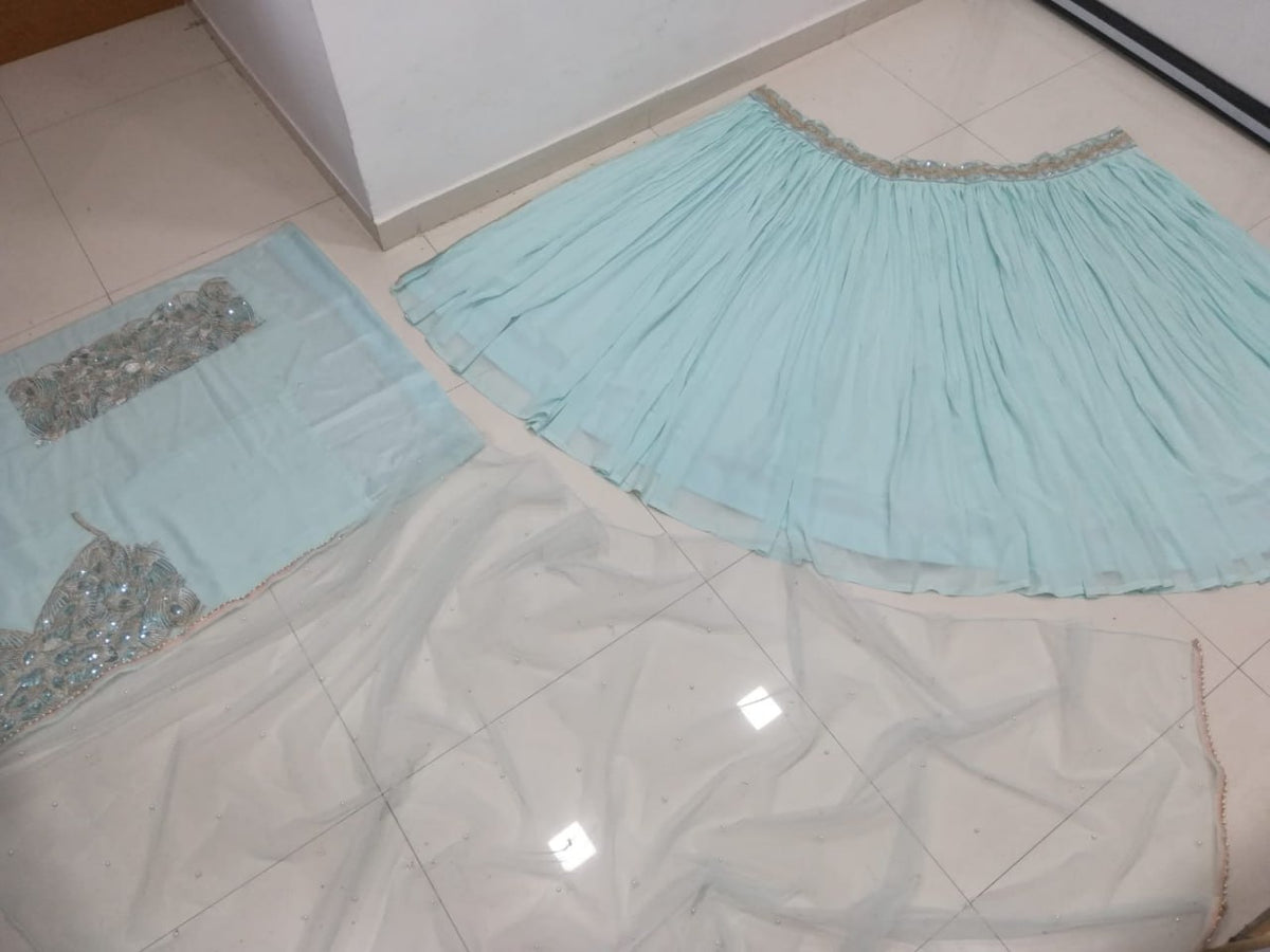 Turquoise Georgette Crush Work Lehenga Set